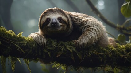 A sloth resting on a mossy branch in a misty forest setting.