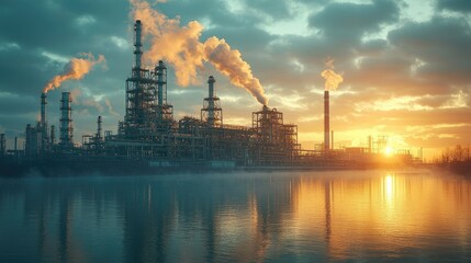Obraz premium Industrial landscape at sunset with smokestacks and reflections in water.