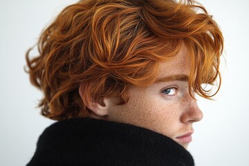 A portrait of a young person with curly red hair and freckles, looking over their shoulder.