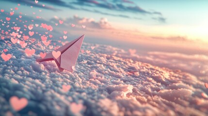 Paper airplane soars above clouds at sunset, trailing hearts