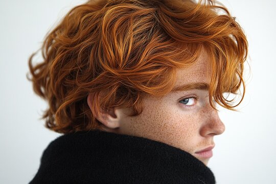 A portrait of a young person with curly red hair and freckles, looking over their shoulder.