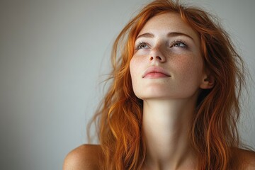 A serene portrait of a young woman with red hair looking thoughtfully upwards.