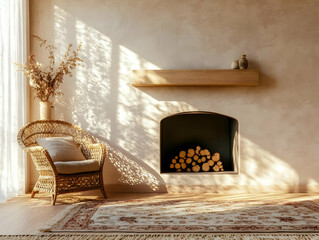 Cozy Living Room Interior Showcases a Wicker Chair, Fireplace, Rug, and Sunlight Streaming Through Window.