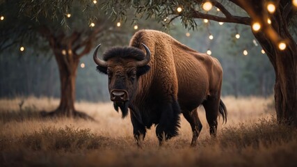 A bison stands in a serene landscape adorned with soft glowing lights.