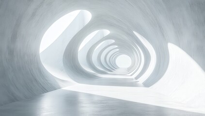 Naklejka premium Ethereal and Spacious Interior with Curved White Walls and Natural Light Creating a Dreamy Ambiance in a Modern Minimalist Space