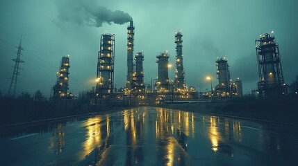 Fototapeta premium Industrial landscape featuring a refinery at night with reflections on wet pavement.