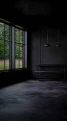 Dark Interior Design with Large Windows and Minimalist Furniture, Creating a Moody Ambiance