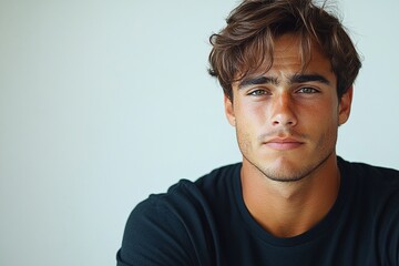Fototapeta premium A young man with tousled hair and a serious expression poses against a light background.
