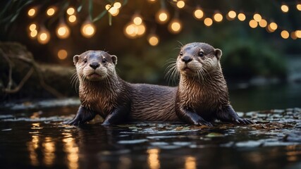 Fototapeta premium Two otters lounging by a serene water body illuminated by soft, glowing lights.