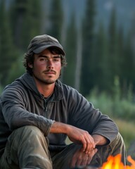 Obraz premium A man camping by a fire, thoughtful expression, soft evening light, scenic forest background,