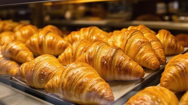 Freshly baked croissants displayed in a bakery window