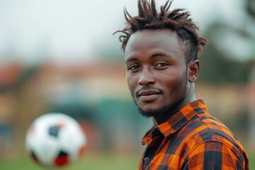 A young man with dreadlocks poses confidently on a soccer field, with a ball in motion nearby.