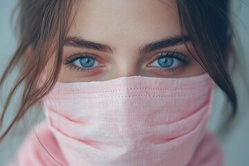 Close-up of a young woman with striking blue eyes wearing a pink mask.