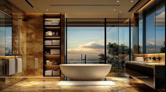 A luxurious, organized bathroom featuring built-in shelves, ample storage for towels and toiletries, and a streamlined design, ensuring both beauty and practicality in every corner.