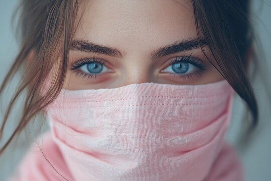 Close-up of a young woman with striking blue eyes wearing a pink mask.
