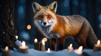 Fototapeta premium A fox stands in a snowy forest surrounded by glowing candles.