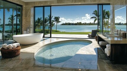Obraz premium A luxurious bathroom with an abundance of bright light, featuring large glass windows, gleaming floors, and soft neutral tones that enhance the feeling of openness and tranquility.