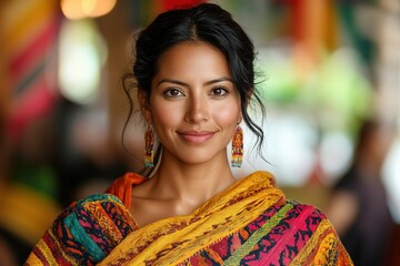 Obraz premium A woman in a colorful traditional outfit smiles warmly, showcasing cultural attire and jewelry.