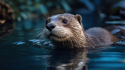 Fototapeta premium A close-up of an otter swimming in clear water, showcasing its playful nature.