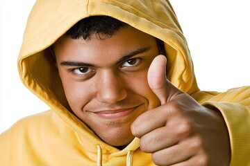 A young man in a yellow hoodie gives a thumbs up, conveying positivity and confidence.
