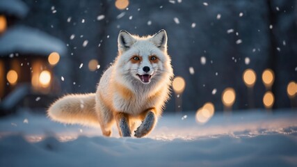 Obraz premium A playful fox running through a snowy landscape, surrounded by soft glowing lights.