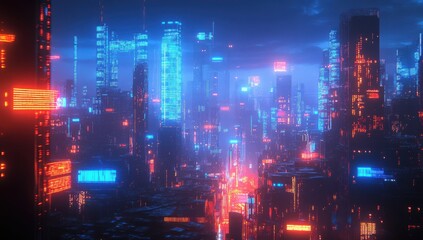 Obraz premium Futuristic Cityscape at Night with Neon Lights and Abstract Architecture, Showcasing a Technological Metropolis Surrounded by a Mysterious Atmosphere of Digital Innovation