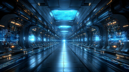 Fototapeta premium Futuristic spaceship corridor, glowing, digital