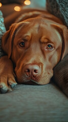 Obraz premium Brown Dog Lying Down on a Sofa with Bokeh Lights in the Background