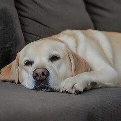 Obraz premium A Golden Labrador Retriever Rests Peacefully on a Soft, Gray Couch