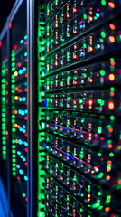Fototapeta premium Server Room Lights Blink and Glow, Data Center Servers Operate Efficiently at Night.
