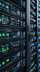 Obraz premium Server Rack Lights Blinking Showing Data Processing and Network Connectivity in Data Center