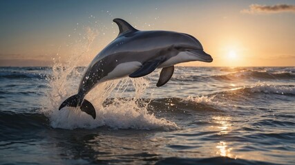 Fototapeta premium A dolphin leaps gracefully above ocean waves at sunset, showcasing nature's beauty.
