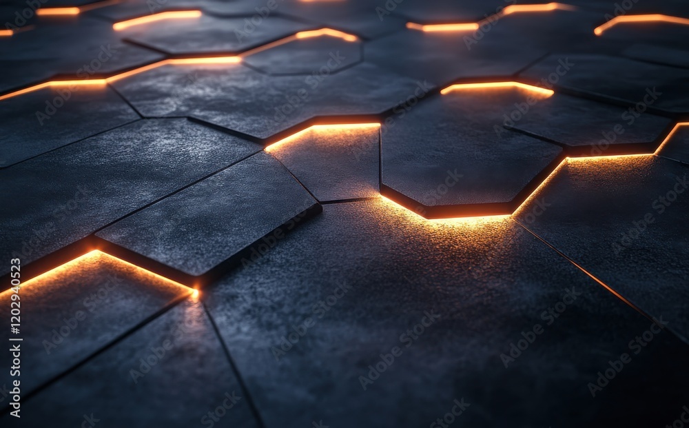 Aufkleber futuristic hexagonal pattern with glowing edges on dark textured surface creating a high-tech atmosp