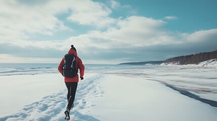 Person Hiking Snowy Beach Winter Coastline