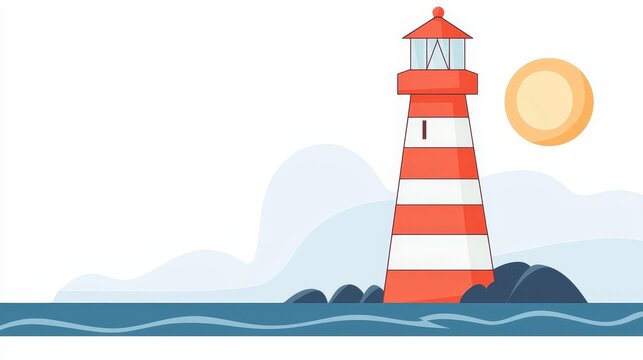 A colorful lighthouse stands majestically by the sea, guiding ships with its light under a bright sunny sky.