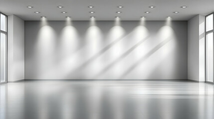 Obraz premium Empty Room with Spotlights Illuminates a Blank Wall with Windows, Perfect for Presentations