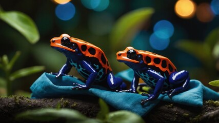 Fototapeta premium Two vibrant frogs perched on a cloth, surrounded by a colorful, blurred background.