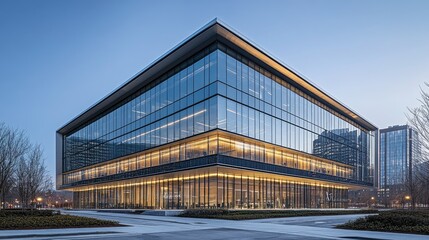 Obraz premium Modern glass building showcasing contemporary architectural design and functionality.