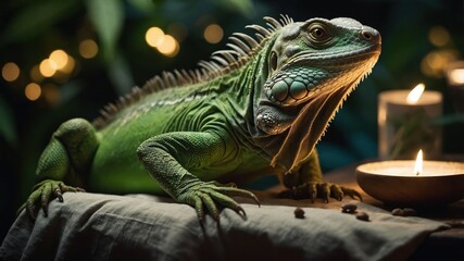 Obraz premium A green iguana rests on a table beside a candle and a bowl, surrounded by soft lighting.
