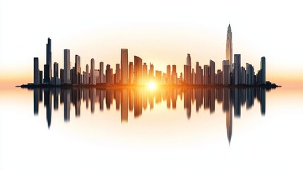 Fototapeta premium A stunning skyline silhouette at sunset, reflecting beautifully over calm water, showcasing architectural elegance and urban beauty.