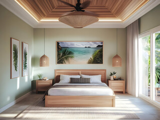 Modern Bedroom Interior Design with Wooden Furniture and a Tropical Beach Artwork