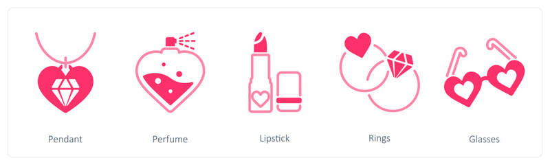 A set of 5 valentine's day icons as  pendant, perfume, lipstick