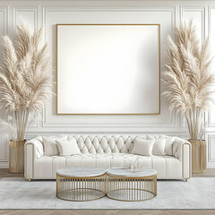 Classic white interior design with a white sofa, plants, and a blank horizontal frame
