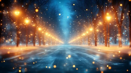 Fototapeta premium Snowy Pathway Lit by Glowing Streetlights at Night