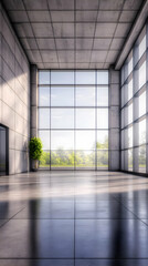 Modern Empty Room with Large Windows Overlooking a Green Landscape Illustrates Tranquility.