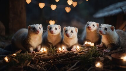 A group of five ferrets surrounded by candles and heart-shaped lights in a cozy setting.