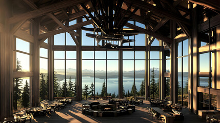 Grand wooden lodge interior showcases stunning lake and mountain views at sunrise.