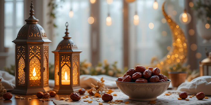 A beautifully decorated setup with lanterns, a golden crescent moon, and a bowl of dates Ramadan Kareem background spiritual significance of the holy month