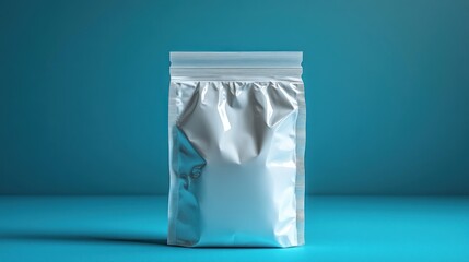 A shiny, sealed plastic pouch stands upright on a smooth turquoise surface, emphasizing its sleek design