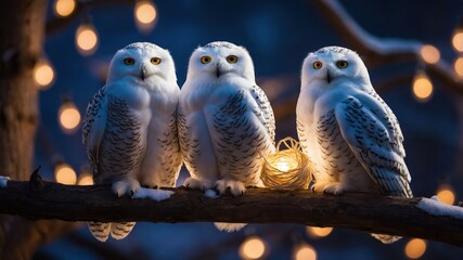 Three snowy owls perched on a branch with glowing lights and a nest.